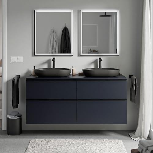 BERNSTEIN - Waschbeckenunterschrank zum Aufhängen, für Badezimmer, MDF & Waschtisch, Nachtblau, matt, Metallgriff, anthrazit, matt – 120 x 46 x 62 cm – LAVOA von BERNSTEIN