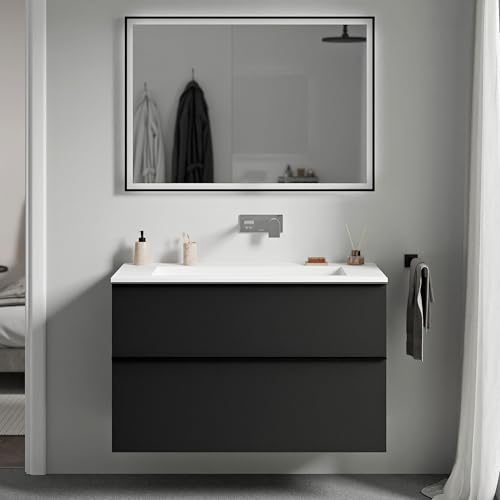 BERNSTEIN - Waschtisch zum Aufhängen, Badezimmer, MDF, Schwarz, matt, Mineralguss, Weiß, matt, ohne Hahnloch, Metallgriff, Anthrazit, matt, 100 x 46 x 62 cm – LAVOA BERNSTEIN - Waschtisch zum Aufhängen, Badezimmer, MDF, Schwarz, matt, Mineralguss, Weiß, matt, ohne Hahnloch, Metallgriff, Anthrazit, matt, 100 x 46 x 62 cm – LAVOA von BERNSTEIN