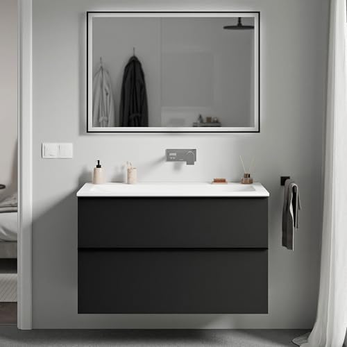 BERNSTEIN - Waschtisch zum Aufhängen, Badezimmer, MDF, Schwarz, matt, Mineralguss, Weiß, matt, ohne Hahnloch, Metallgriff, mattschwarz – 80 x 46 x 62 cm – LAVOA von BERNSTEIN