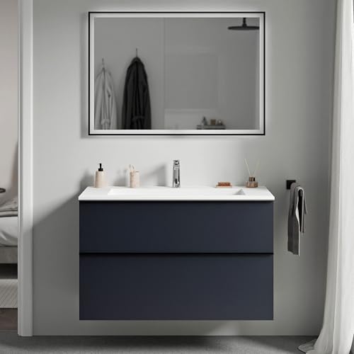 BERNSTEIN - Waschtisch zum Aufhängen, MDF, Nachtblau, matt, Mineralguss, Weiß matt + Hahnloch, Griff aus Metall, Anthrazit, matt, 80 x 46 x 62 cm – LAVOA von BERNSTEIN