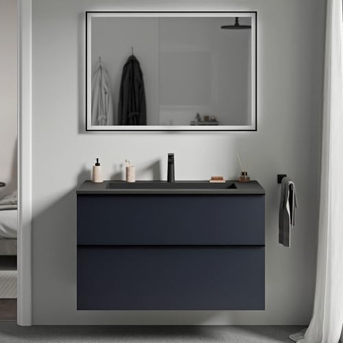 BERNSTEIN - Waschtisch zum Aufhängen, MDF, Nachtblau, matt, Mineralguss, schwarz matt + Hahnloch, Metallgriff, mattschwarz – 100 x 46 x 62 cm – LAVOA BERNSTEIN - Waschtisch zum Aufhängen, MDF, Nachtblau, matt, Mineralguss, schwarz matt + Hahnloch, Metallgriff, mattschwarz – 100 x 46 x 62 cm – LAVOA von BERNSTEIN