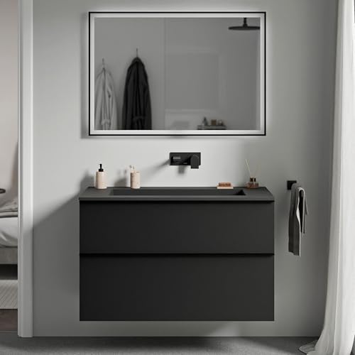 BERNSTEIN - Waschtisch zum Aufhängen, für Badezimmer, MDF, Schwarz, matt, Mineralguss, Schwarz, matt, ohne Hahnloch, Griff aus Metall, Chrom, 80 x 46 x 62 cm – LAVOA BERNSTEIN - Waschtisch zum Aufhängen, für Badezimmer, MDF, Schwarz, matt, Mineralguss, Schwarz, matt, ohne Hahnloch, Griff aus Metall, Chrom, 80 x 46 x 62 cm – LAVOA von BERNSTEIN