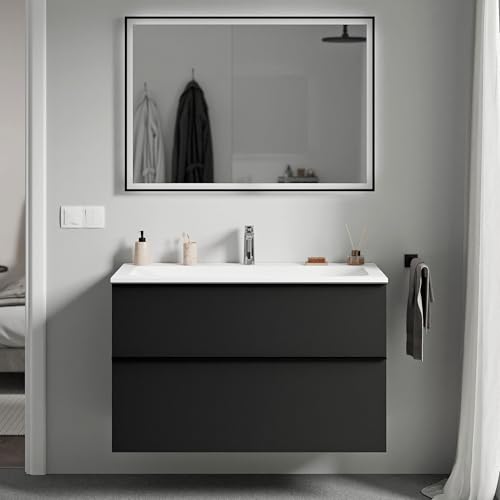 BERNSTEIN - Waschtisch zum Aufhängen, für Badezimmer, MDF, Schwarz, matt, Mineralguss, Weiß matt + Hahnloch, Metallgriff, Anthrazit, matt, 80 x 46 x 62 cm – LAVOA von BERNSTEIN