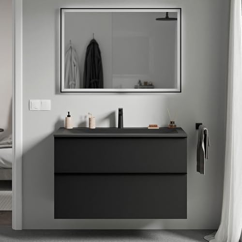 BERNSTEIN - Waschtisch zum Aufhängen, für Badezimmer, MDF, schwarz, matt, Mineralguss, schwarz matt + Hahnloch, Metallgriff, Anthrazit, matt, 80 x 46 x 62 cm – LAVOA von BERNSTEIN