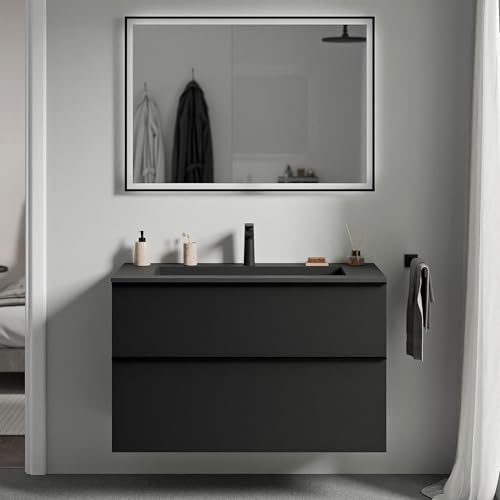BERNSTEIN - Waschtisch zum Aufhängen, für Badezimmer, MDF, schwarz, matt, Mineralguss, schwarz matt + Hahnloch, Metallgriff, mattschwarz – 80 x 46 x 62 cm – LAVOA von BERNSTEIN