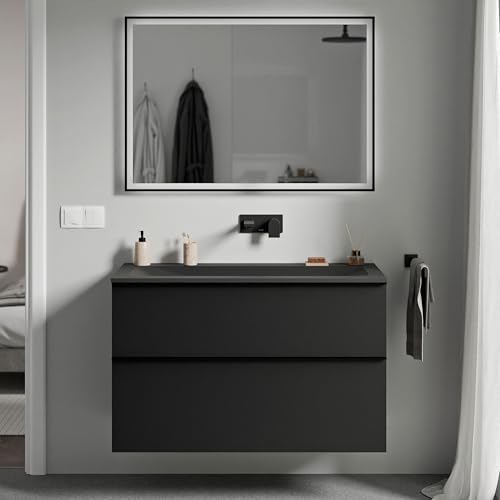 BERNSTEIN - Waschtisch zum Aufhängen, für Badezimmer, MDF, schwarz, matt, Waschbecken aus Mineralguss, ohne Loch für Wasserhahn & Metallgriff, mattschwarz – 100 x 46 x 62 cm – LAVOA von BERNSTEIN