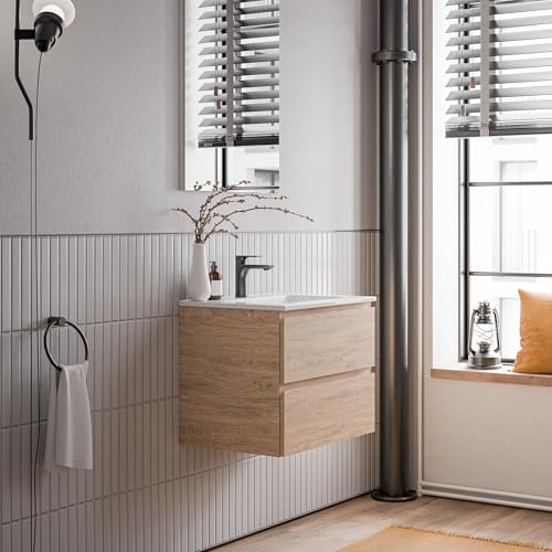 Bernstein Badmöbel-Set Ava 60cm, Waschbecken mit Unterschrank in Eiche honiggelb, Keramik-Waschbecken in Weiß glänzend mit einem Hahnloch, Ideal für kleine Bäder von BERNSTEIN