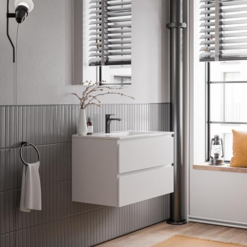 Bernstein Badmöbel-Set Ava 80cm, Waschbecken mit Unterschrank in Weiß matt, Keramik-Waschbecken in Weiß glänzend mit einem Hahnloch, Ideal für kleine Bäder von BERNSTEIN