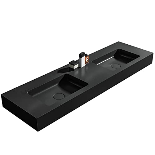 Wandwaschbecken Doppelwaschtisch BA8016 aus Mineralguss - 163 x 45 x 12 cm - Farbe wählbar - Metallkonsole optional, Farbe:Quarz schwarz, Untergestell:Ohne Untergestell von BERNSTEIN