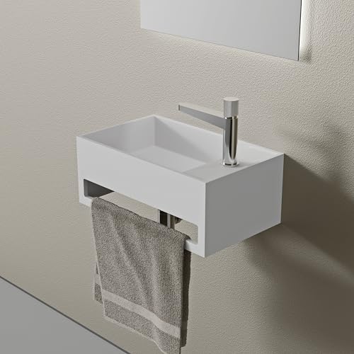 Bernstein Wand-Waschbecken PB2077 50 x 30 x 20 cm Weiß Matt - Mineralguss Solid Stone - Hänge-Waschbecken mit integriertem Handtuchhalter und Ablagefläche - Rechteckiges Waschtisch mit Armaturenloch von BERNSTEIN
