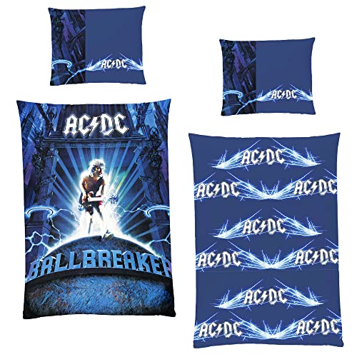 ACDC Rock Bettwäsche AC/DC Ballbreaker Blau 135 cm x 200 cm + 80 cm x 80 cm 100% Baumwolle Renforcé-Linon-Qualität Bon Scott Malcom Young Dave Evans Axl Rose mit Reißverschluss deutsche Größe von BERONAGE
