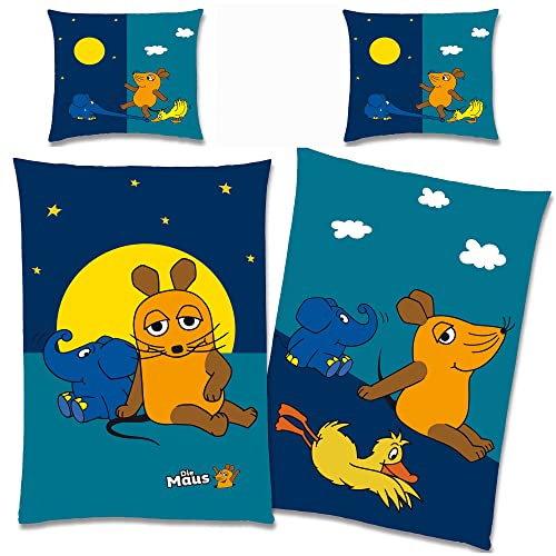 Die Sendung mit der Maus Kinder-Bettwäsche Night blau 135 x 200 cm + 80 x 80 cm 100% Baumwolle Linon/Renforcé Maus Elefant Ente Bettzeug Bett-Bezug Kissen-Decken-Bezüge deutsche Größe von BERONAGE