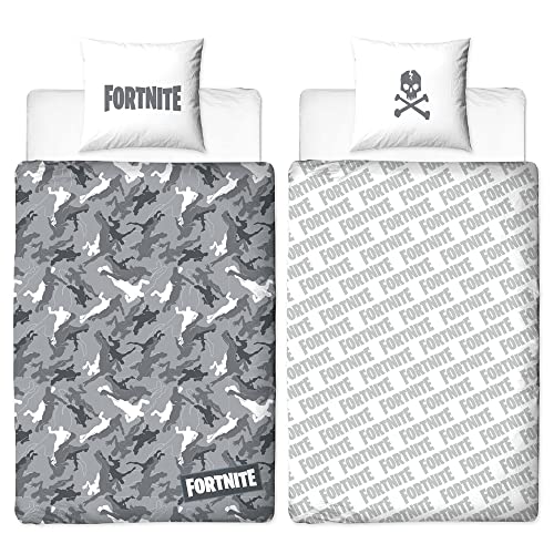 BERONAGE Fortnite Wende-Bettwäsche Grey 135 x 200 cm + 80 x 80 cm 100% Baumwolle Renforcé-Linon-Qualität Kinderbettwäsche Battle Royale Loot Lama Dance Lake Salty Tilted Skins 2 Motive Reißverschluss von BERONAGE