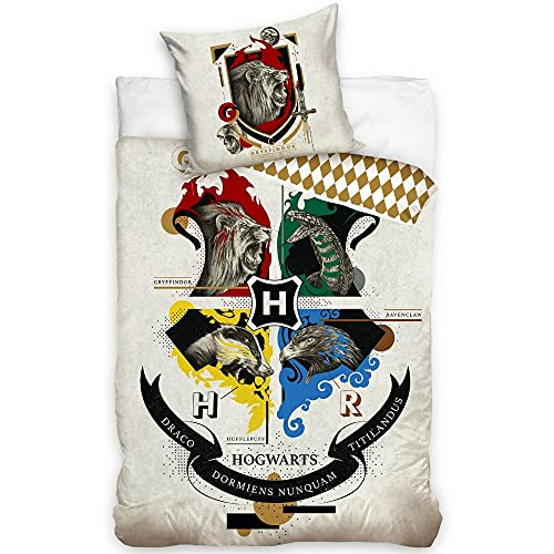 BERONAGE Harry Potter Wende-Bettwäsche Houses 135 x 200 + 80 x 80 cm 100% Baumwolle Renforcé-Linon-Qualität HP Slytherin Gryffindor Hufflepuff Ravenclaw Hogwarts mit Reißverschluss deutsche Größe 147 von BERONAGE