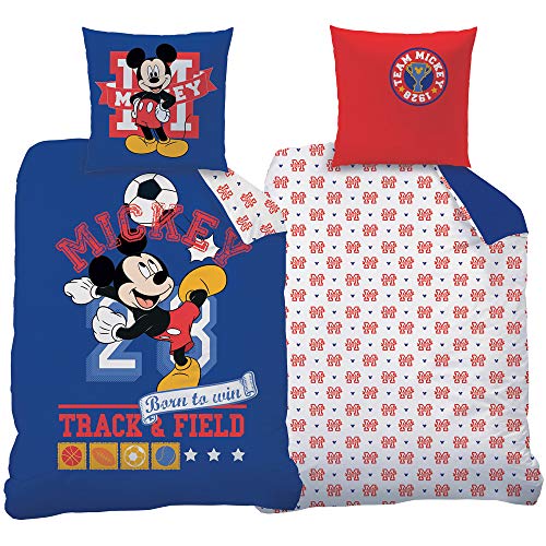 BERONAGE Mickey Mouse Bettwäsche-Set Fußball Blau Rot 135x200 cm + 80x80 cm - 100% Baumwolle Linon/Renforcé Disney Wunderhaus Clubhaus Donald Duck Minnie Maus Goofy Deutsche Größe Reißverschluss von BERONAGE