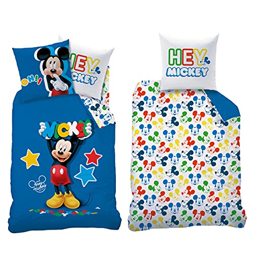 BERONAGE Mickey Mouse Bettwäsche-Set Story Blau 135 x 200 cm + 80 x 80 cm 100% Baumwolle Renforcé-Linon-Qualität Disney Wunderhaus Clubhaus Donald Duck Minnie Maus Deutsche Größe Reißverschluss von BERONAGE