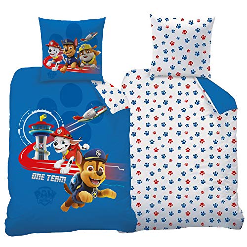 BERONAGE Paw Patrol Kinder-Bettwäsche One Team Blau 135 x 200 + 80 x 80 100% Baumwolle Linon Renforcé Chase Marshall Rocky Zuma Rubble Ryder Hunde Bettzeug Bettbezug deutsche Größe Reißverschluss von BERONAGE