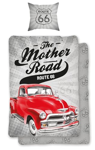 BERONAGE Route 66 Bettwäsche Mother Road 135 cm x 200 cm + 80 cm x 80 cm 100% Baumwolle Linon-Qualität Roadtrip Amerika USA Freedom Pickup Vintage Highway Street Motorrad Motel Reißverschluss 020 von BERONAGE