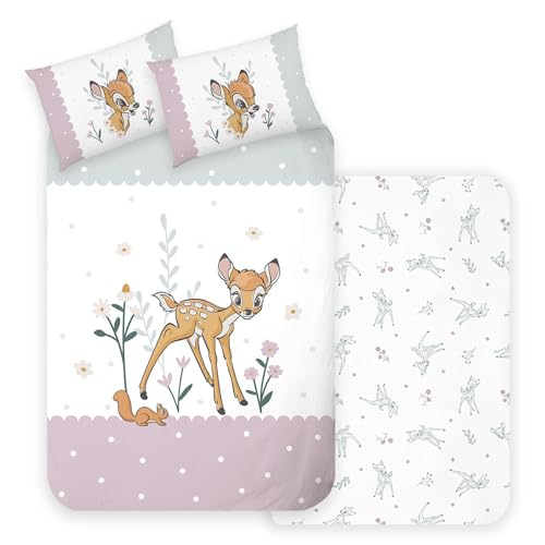 Bambi Kleinkind Baby-Bettwäsche Flower 100 x 135 + 40 x 60 cm 100% Baumwolle Renforcé-Linon-Qualität mit YKK-Reißverschluss Disney Klopfer Feline Eule Ronno Tante ENA Thumper Sterne Owl Märchen von BERONAGE