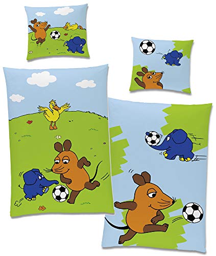 Die Sendung mit der Maus Kinder-Bettwäsche Fußball Blau 135 x 200 cm + 80 x 80 cm 100% Baumwolle Linon Renforcé Maus Elefant Ente Bettzeug Bett-Bezug Kissen-Decken-Bezüge Wende-Motiv deutsche Größe von BERONAGE