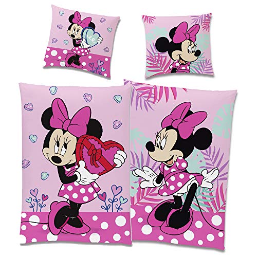 Disney Minnie Mouse Flanell Kinder Wende-Bettwäsche Herz Pink Rosa 135 x 200 cm + 80 x 80 cm mit YKK-Reißverschluss 100% Baumwolle Biber Minnie Maus Disney Mickey Maus Sweet Love Deutsche Größe von BERONAGE