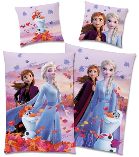 Frozen Die Eiskönigin Kinder-Bettwäsche Dreamteam 135 x 200 + 80 x 80 cm 100% Baumwolle Biber-Flanell-Qualität Disney ELSA Anna Snowman Sven Kristoff Olaf mit Reißverschluss Deutsche Größe von BERONAGE