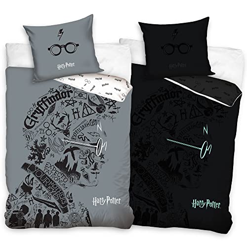 Harry Potter Bettwäsche Glasses Glow in The Dark 135 x 200 + 80 x 80 cm 100% Baumwolle Renforcé-Linon-Qualität HP Gryffindor Slytherin Hufflepuff Ravenclaw Hogwarts Blitz mit Reißverschluss 018 von BERONAGE