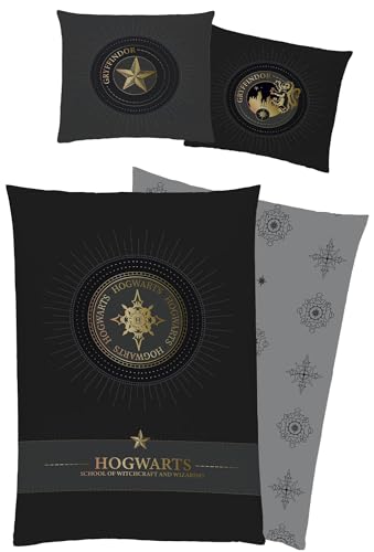 Harry Potter Bettwäsche Witchcraft 135 x 200 + 80 x 80 cm 100% Baumwolle Renforcé-Linon-Qualität Hogwarts Hedwig Gryffindor Hufflepuff Ravenclaw Slytherin mit Reißverschluss deutsche Größe von BERONAGE