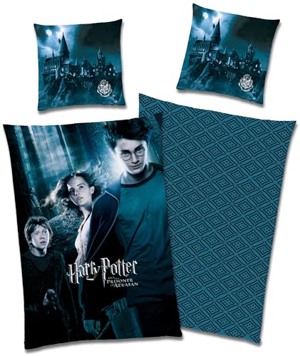 Harry Potter Kinder-Bettwäsche Set - Azkaban Blau - 135 x 200 cm + 80 x 80 cm - 100% Baumwolle Renforcé Linon-Qualität Wendebettwäsche Bettzeug Bettbezug mit YKK-Reißverschluss Deutsche Größe von BERONAGE