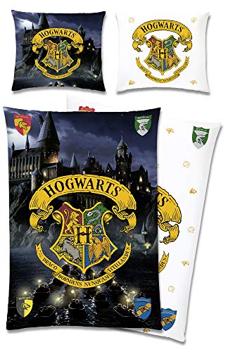 Harry Potter Wende-Bettwäsche Hogwarts 135 x 200 + 80 x 80 cm 100% Baumwolle Renforcé-Linon-Qualität Gryffindor Hufflepuff Ravenclaw Slytherin Ron Weasley Hermine deutsche Größe Reißverschluss von BERONAGE