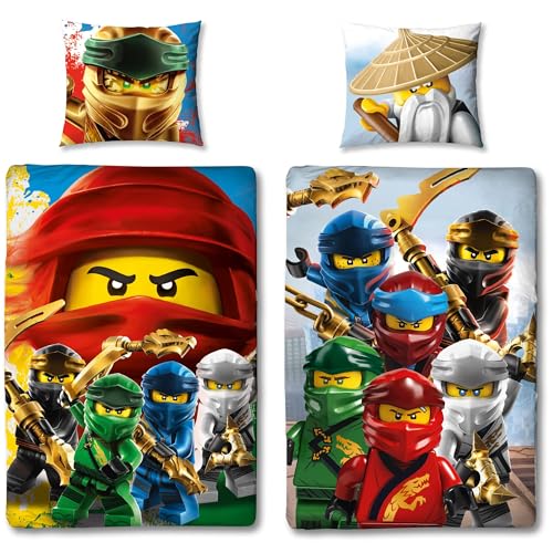 Lego Ninjago Kinder-Bettwäsche Movie Battle - 135x200 cm + 80x80 cm - 100% Baumwolle Linon - Cole - Jay - Kai - Lloyd - Zane - NYA - Misako - Sensei Wu - Renforcé - deutsche Größe - Wende-Motiv von BERONAGE