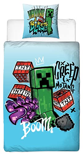 Minecraft Wende-Bettwäsche Blast 135 x 200 cm + 80 x 80 cm 100% Baumwolle Renforcé-Linon-Qualität Kinderbettwäsche TNT Creeper Enderman Crafting Zombie Enderdrache Skelett 2 Motive Reißverschluss von BERONAGE