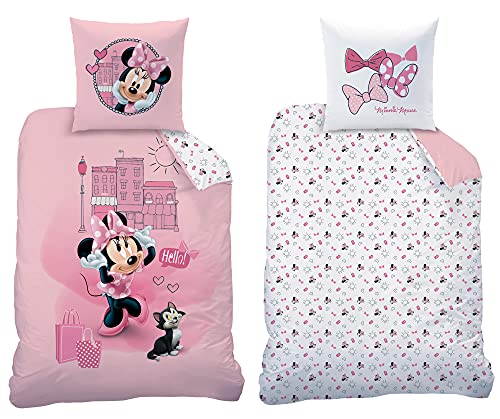 Minnie Mouse Bettwäsche-Set Downtown 135 x 200 cm + 80 x 80 cm 100% Baumwolle in Renforcé-Linon-Qualität Minnie Maus Disney Mickey Daisy Donald Goofy Sweet Love mit Reißverschluss Deutsche Größe von BERONAGE