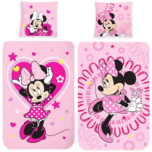 Minnie Mouse Flanell Kinder Wende-Bettwäsche Sweet Pink 135 x 200 + 80 x 80 cm 100% Baumwolle Biber-Flanell-Qualität Minnie Maus Disney Mickey Maus Rosa Love mit Reißverschluss Deutsche Größe von BERONAGE
