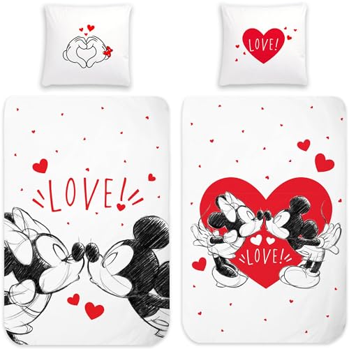 Minnie Mouse und Micky Mouse Bettwäsche Love 135 x 200 cm + 80 x 80 cm 100% Baumwolle in Renforcé-Linon-Qualität Maus Partner Bettwäsche Disney Liebe Herz mit Reißverschluss Deutsche Größe von BERONAGE