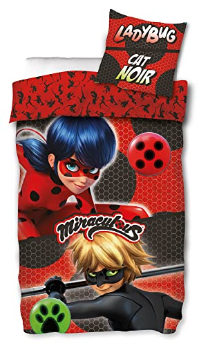 Miraculous Ladybug Kinder-Bettwäsche Duo Rot 135 x 200 + 80 x 80 cm 100% Baumwolle Renforcé-Linon-Qualität Lady Bug Marinette Dupain-Cheng Adrien Cat Noir Paris Tikki Plag deutsche Größe 053-B von BERONAGE