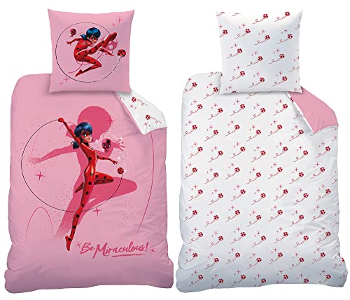 Miraculous Ladybug Kinder-Bettwäsche Shadow Rosa 135 x 200 + 80 x 80 cm 100% Baumwolle Biber-Flanell-Qualität Marinette Adrien Cat Noir Lady Bug Mädchen Paris mit Reißverschluss deutsche Größe von BERONAGE