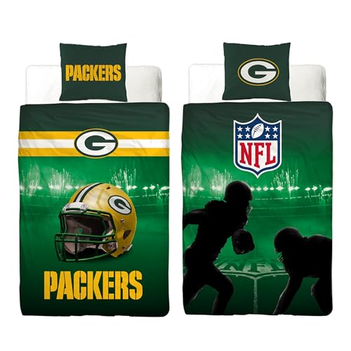 NFL Bettwäsche Green Bay Packers 135 x 200 cm + 80 x 80 cm 100% Baumwolle in Renforcé-Linon-Qualität mit Reißverschluss American Football Fan Super Bowl Cheeseheads Wende-Bezug deutsche Größe von BERONAGE