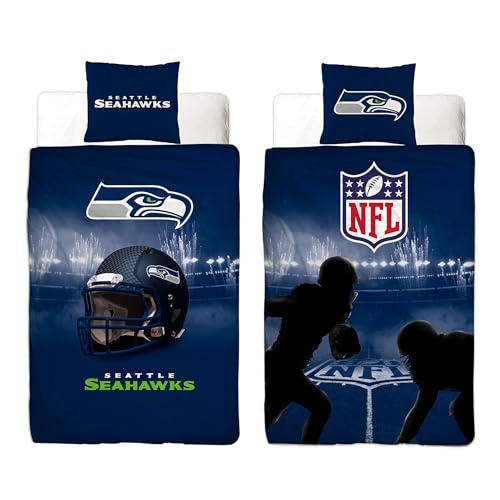 NFL Bettwäsche Seattle Seahawks 135 x 200 cm + 80 x 80 cm 100% Baumwolle Renforcé-Linon-Qualität Reißverschluss American Football Fan Super Bowl BOOM Lumen Field Blitz Wende-Bezug deutsche Größe von BERONAGE