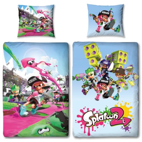 Splatoon 2 Wende-Bettwäsche Group 135 x 200 cm + 80 x 80 cm 100% Baumwolle Renforcé-Linon-Qualität Kinderbettwäsche Inklings Octolings Splatsville Octo Expansion Switch 2 Motive Reißverschluss von BERONAGE