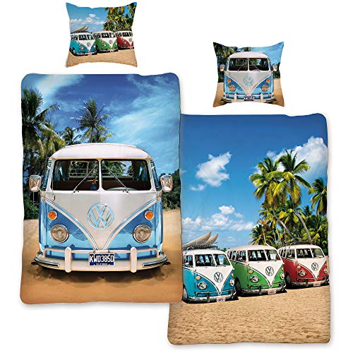 VW Volkswagen Bulli Bettwäsche Life 135 cm x 200 cm + 80 cm x 80 cm VW-Bus T1 100% Baumwolle in Renforcé-Linon-Qualität Camper Van Retro Beach Surfen Bus Wendebettwäsche Reißverschluss Motiv 062 von BERONAGE