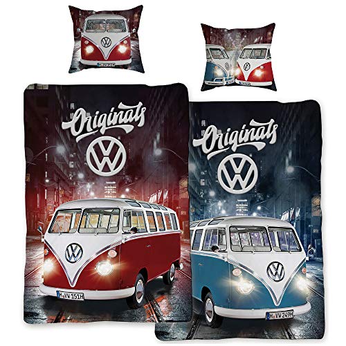 VW Volkswagen Bulli Bettwäsche Originals Rot / Blau 135 cm x 200 cm + 80 cm x 80 cm VW-Bus T1 100% Baumwolle Renforcé-Linon-Qualität Retro Camper Van 2 Motive Wendebettwäsche Reißverschluss 087 von BERONAGE