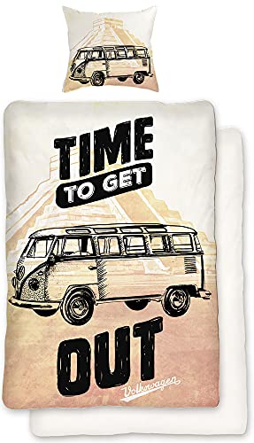 VW Volkswagen Bulli Bettwäsche Time Out 135 cm x 200 cm + 80 cm x 80 cm 100% Baumwolle Renforcé-Linon-Qualität VW-Bus Oldtimer Retro Typ 2 T1 T2 Camper Van mit Reißverschluss Deutsche Größe 069 von BERONAGE