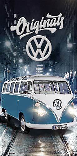 Volkswagen Badetuch VW Bulli Cut Blau 75 x 150 cm 100% Baumwolle in Veloursqualität Camper-Van Bus T1 Strandlaken Strandtuch Handtuch Badelaken Duschtuch Saunatuch Long Beach Retro Motiv 087B von BERONAGE