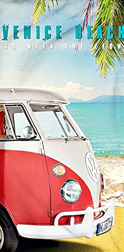 Volkswagen Badetuch VW Bulli Venice Beach Rot Grün 75 x 150 cm 100% Baumwolle in Veloursqualität Camper-Van Bus T1 Strandlaken Strandtuch Handtuch Badelaken Duschtuch Saunatuch California Retro 067 von BERONAGE