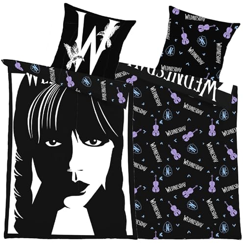 Wednesday Bettwäsche Set 135x200 + 80x80 cm - 100% Baumwolle Linon / Renforcé - Kinder-Teenager-Bettwäsche 2-teilig, YKK Reißverschluss - Addams Family Serie Gothic Design schwarz-weiß deutsche Größe von BERONAGE