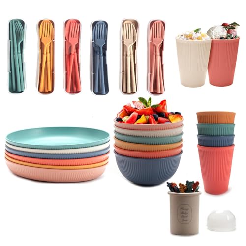BERRYLION 60-teiliges Kunststoff-Geschirr-Set für 6 Personen, unzerbrechlich, bunt, wiederverwendbar, leicht, Servierteller, Schüsseln, Tassen, Gabeln, Geschirr-Set, perfekt für Camping, Picknick, von BERRYLION