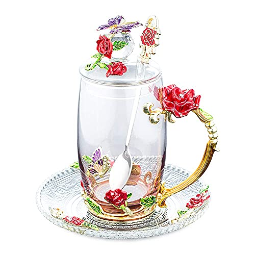 Glas Kaffeetasse Teetasse 3D Vintage Blumentasse mit Deckel Untersetzer und Teelöffel einzigartiges Emaille Design Wohnkultur Geschenk-pink von BERTY·PUYI