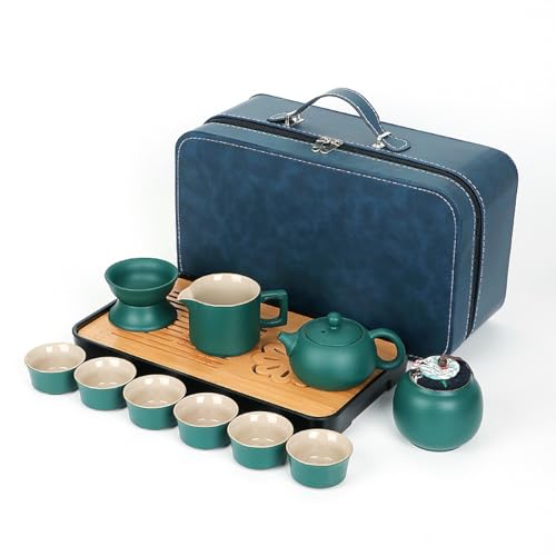 BERULL Teeservice Für Erwachsene, Tragbares Kungfu-Teeservice Aus Keramik, Teeparty Sets, Leder Geschenktüte Für Reisen, Zuhause, Geschenke, Outdoor Und Büro,Grün,B von BERULL