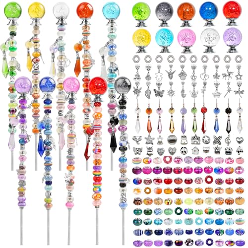 280-teiliges Perlen-Gartenpfahl-Set, DIY-Feenstäbe für den Garten, mit 10 bunten Kristall-Stoppern, 200 Sortiment, runde große Lochperlen für Outdoor-Dekoration (10, bunte innere Blasen) von BERVYOSW
